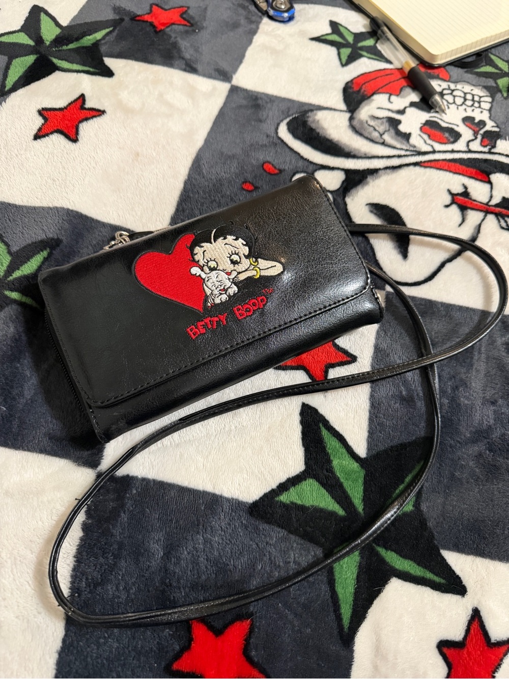 Betty Boop Black Crossbody Wallet with Red Heart Graphic